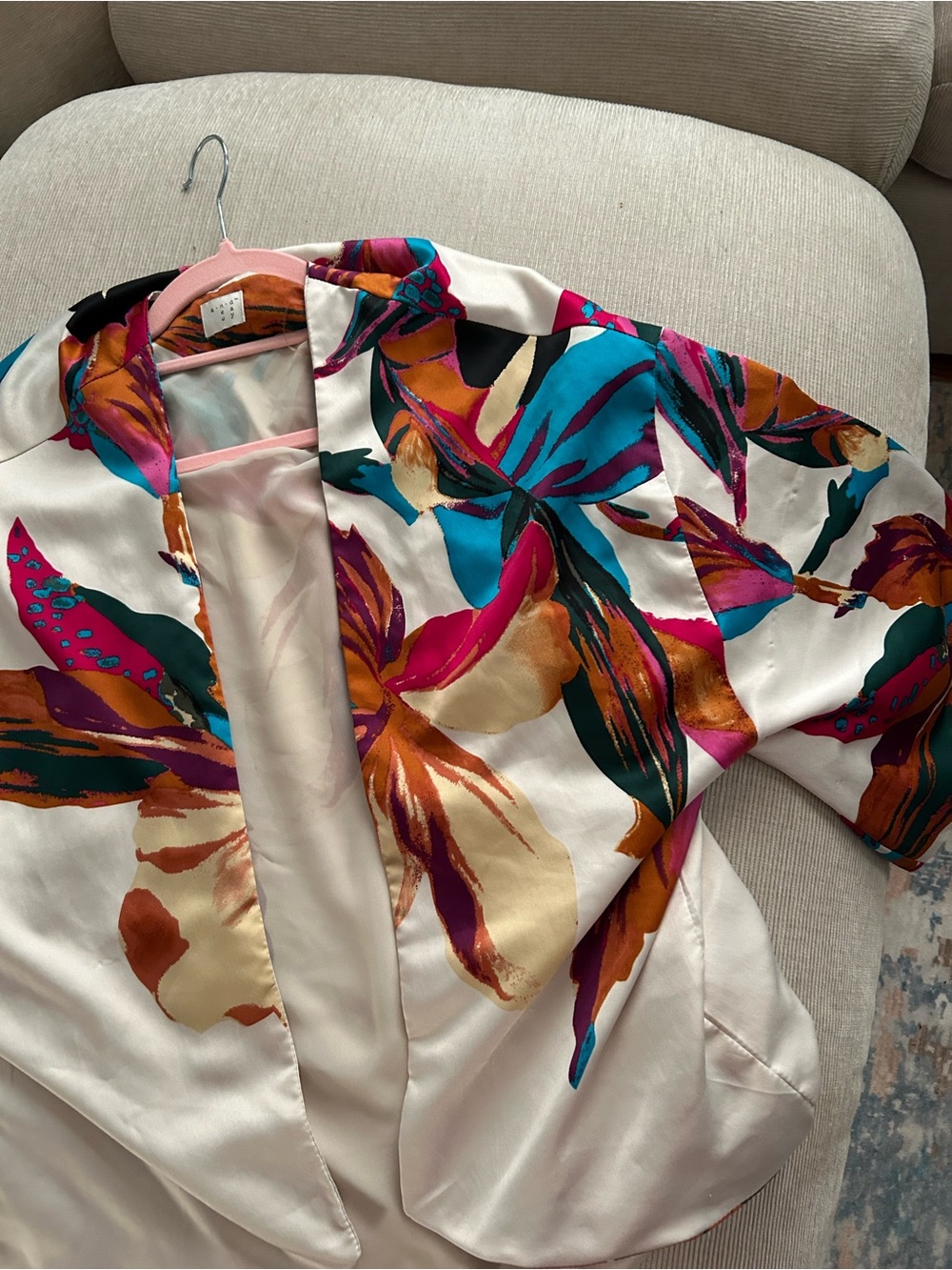 a new day Floral Satin Open-Front Blouse in Cream, Teal, Fuchsia, Orange